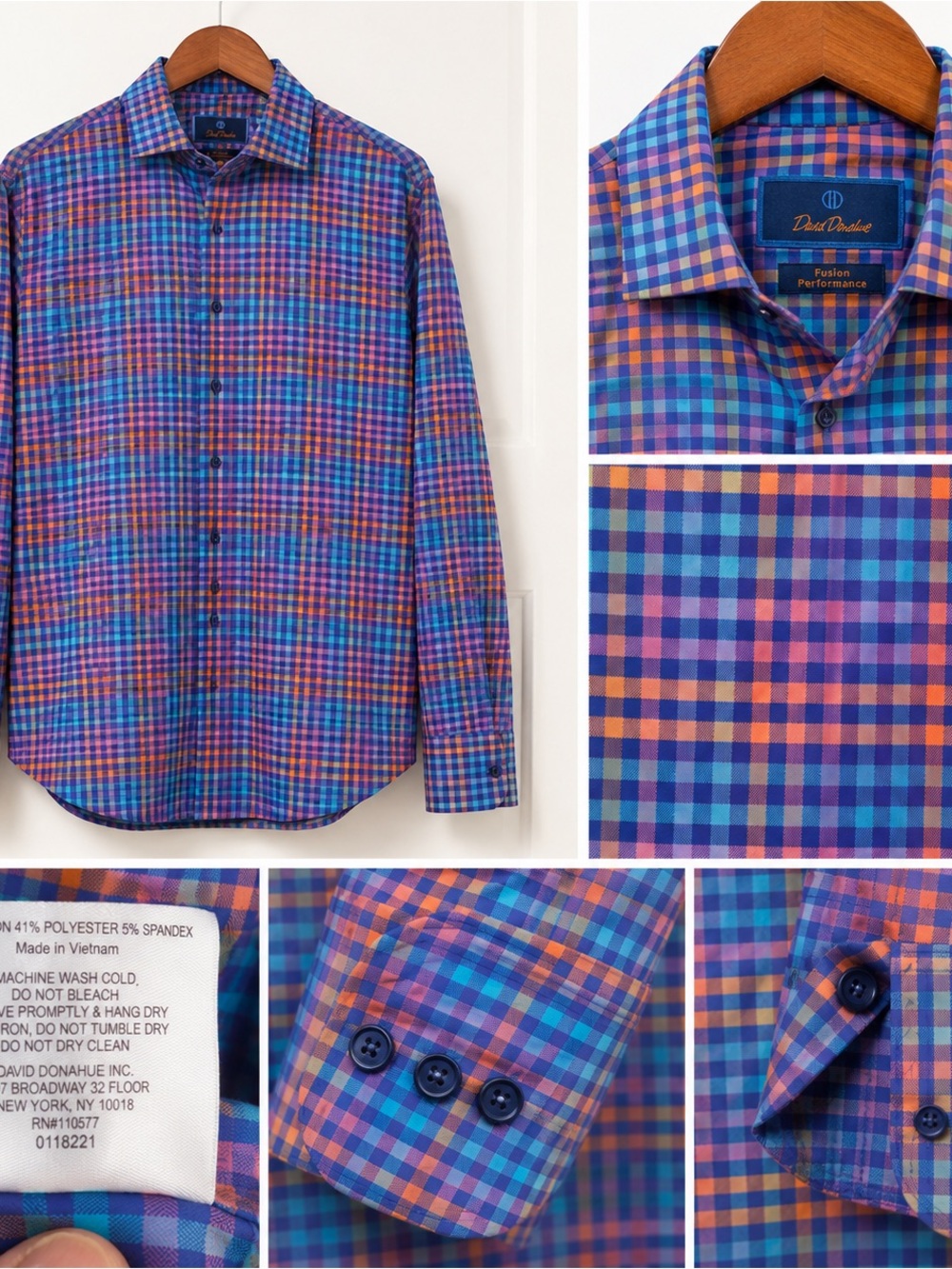 David Donahue Blue Purple Orange Multi-Check Performance Dress Shirt